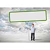 Young man on road holding blank banner. Place for text