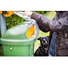 Do not let your dog foul! - Young woman grabbing a plastic bag in a park to tidy up after her dog later