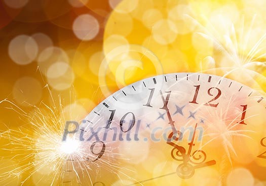 Conceptual image of clock with bokeh lights and firework Conceptual image of clock with bokeh lights and firework