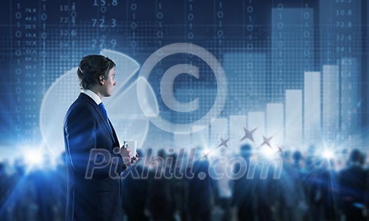 Businessman in suit against digital background with icons Businessman in suit against digital background with icons