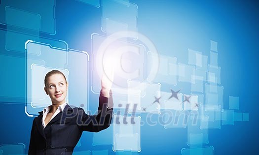 Young attractive businesswoman touching icon of digital screen Young attractive businesswoman touching icon of digital screen
