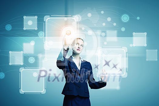Young attractive businesswoman touching icon of digital screen Young attractive businesswoman touching icon of digital screen