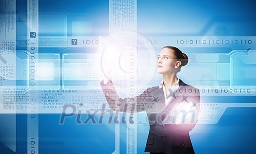 Young attractive businesswoman touching icon of digital screen Young attractive businesswoman touching icon of digital screen