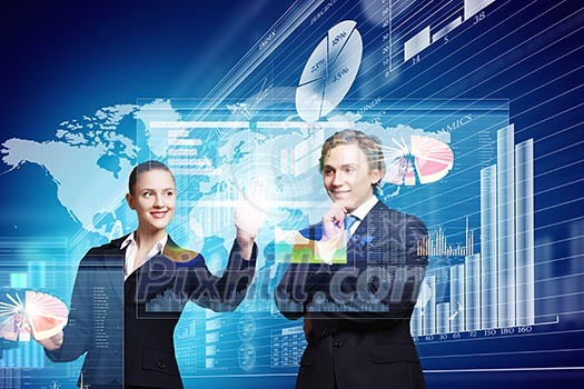Businessman and businesswoman touching icon of digital screen Businessman and businesswoman touching icon of digital screen
