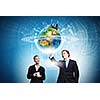 Businessman and businesswoman touching icon of digital screen. Elements of this image are furnished by NASA