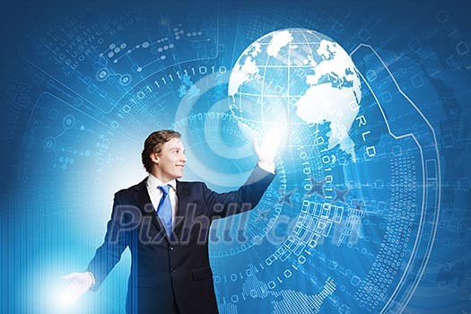 Businessman in suit touching icon of media screen Businessman in suit touching icon of media screen