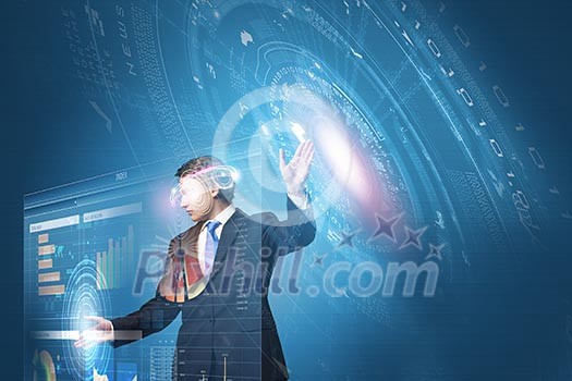 Businessman in suit touching icon of media screen Businessman in suit touching icon of media screen