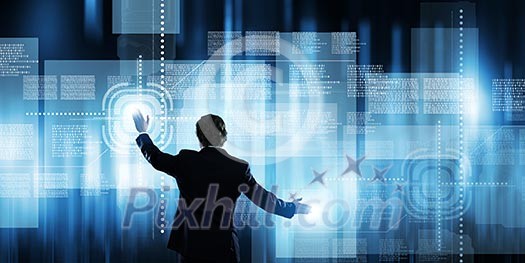 Businessman in suit against digital background with icons Businessman in suit against digital background with icons
