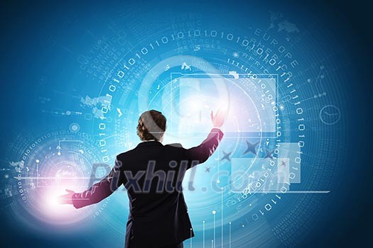 Businessman in suit against digital background with icons Businessman in suit against digital background with icons