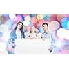 Young happy family with white blank banner. Place for text