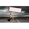 Young woman with blank banner sitting on suitcase