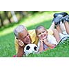 happy grandfather and child have fun and play in park