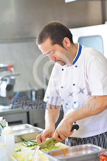 Handsome chef dressed in white uniform decorating pasta salad and seafood fish in modern kitchen Handsome chef dressed in white uniform decorating pasta salad and seafood fish in modern kitchen