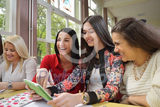 happy young teens group in school on chemisty lessons and library education happy young teens group in school on chemisty lessons and library education