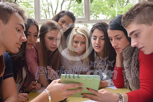 happy young teens group in school on chemisty lessons and library education happy young teens group in school on chemisty lessons and library education