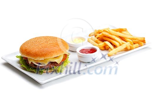 still life with fast food hamburger menu, french fries, soft drink and ketchup