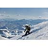 freestyle snowboarder jump and ride free style  at sunny winter day on mountain