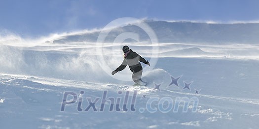 freestyle snowboarder jump and ride free style at sunny winter day on mountain freestyle snowboarder jump and ride free style at sunny winter day on mountain