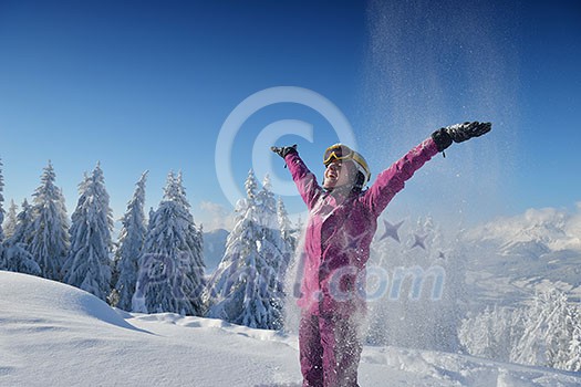 happy young ski woman at mountaint top on winter have fun happy young ski woman at mountaint top on winter have fun