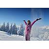 happy young ski woman at mountaint top on winter have fun