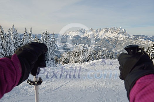 happy ski people at mountaint on winter have fun on snow sports happy ski people at mountaint on winter have fun on snow sports