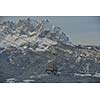 Ski lift gondola in Alps mountains at winter