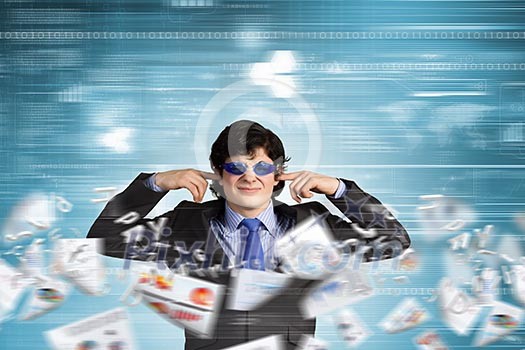 Image of businessman stopping his ears. Long working hours Image of businessman stopping his ears. Long working hours