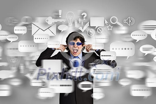 Image of businessman stopping his ears. Long working hours Image of businessman stopping his ears. Long working hours