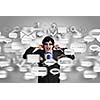 Image of businessman stopping his ears. Long working hours