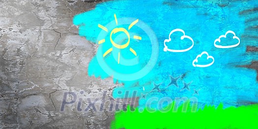Background conceptual image with cement wall painted like sky Background conceptual image with cement wall painted like sky