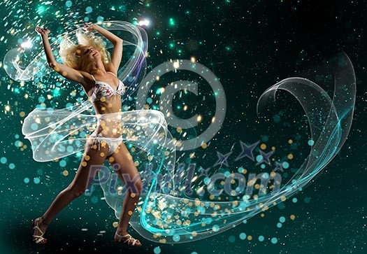 Young woman in white bikini dancing against color background Young woman in white bikini dancing against color background