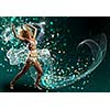 Young woman in white bikini dancing against color background