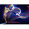 Young woman in white bikini dancing against color background