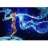 Young woman in white bikini dancing against color background