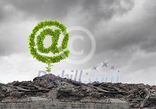 Conceptual image with at symbol growing on ruins Conceptual image with at symbol growing on ruins