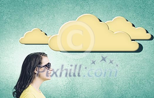 Young woman in casual with blank speech bubble above Young woman in casual with blank speech bubble above