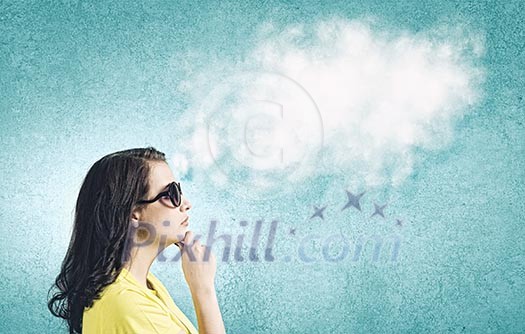 Young woman in casual with blank speech bubble above Young woman in casual with blank speech bubble above