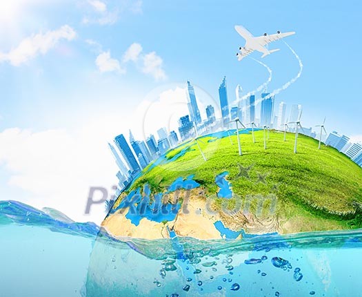 City on island floating in water. Global warming. Elements of this image are furnished by NASA City on island floating in water. Global warming. Elements of this image are furnished by NASA