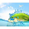 City on island floating in water. Global warming. Elements of this image are furnished by NASA