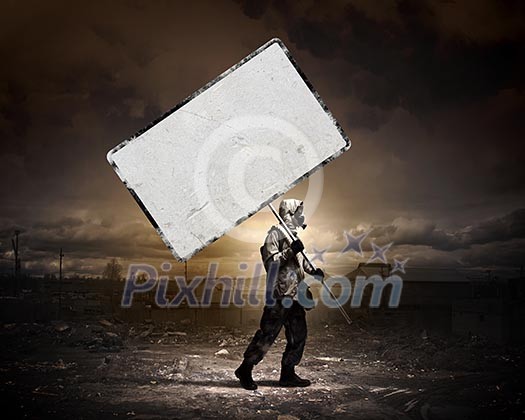 Image of stalker with blank banner against nuclear future Image of stalker with blank banner against nuclear future