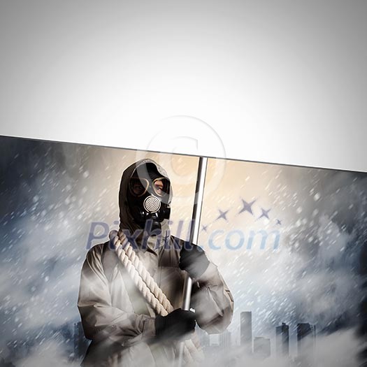 Image of stalker with blank banner against nuclear future Image of stalker with blank banner against nuclear future