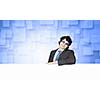 Image of businessman in goggles with blank white banner. Place for text