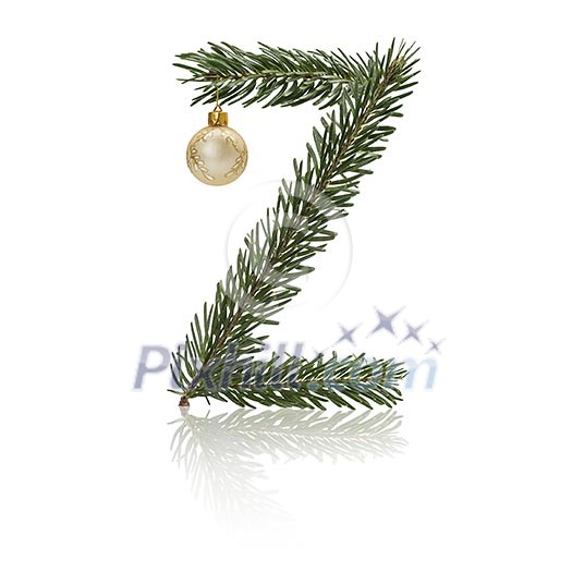 Letter Z made from fir branches, decorated with christmas balls and reflection. Letter Z made from fir branches, decorated with christmas balls and reflection.