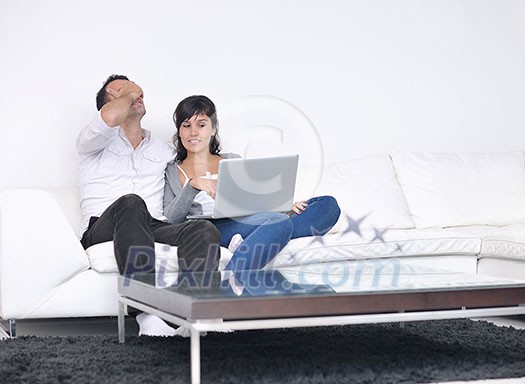joyful couple relax and work on laptop computer at modern living room indoor home joyful couple relax and work on laptop computer at modern living room indoor home