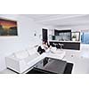 happy young couple relax at modern home living room indoor