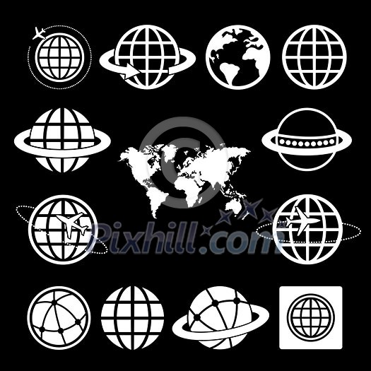 world map and globe vector icons set world map and globe vector icons set