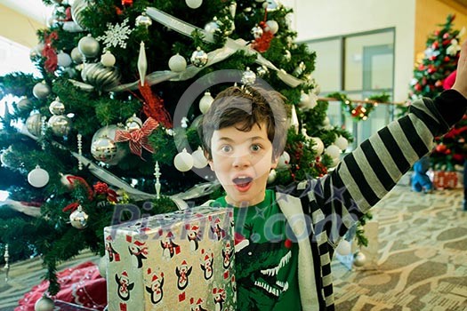 Smiling boy with giftbox looking at camera out of decorated firtree Smiling boy with giftbox looking at camera out of decorated firtree