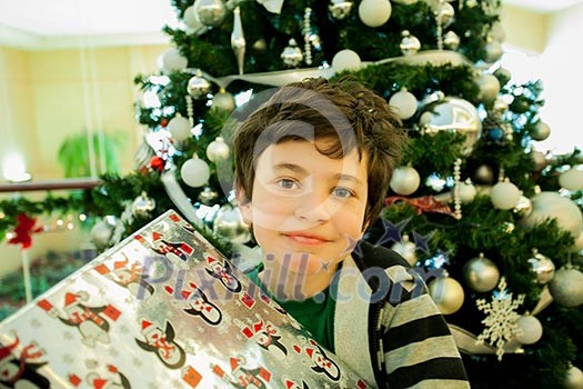 Smiling boy with giftbox looking at camera out of decorated firtree Smiling boy with giftbox looking at camera out of decorated firtree