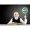 Schoolgirl looking in opened book with sketches at background. Elements of this image are furnished by NASA