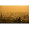 View of Zurich from above - misty winter evening and smoke